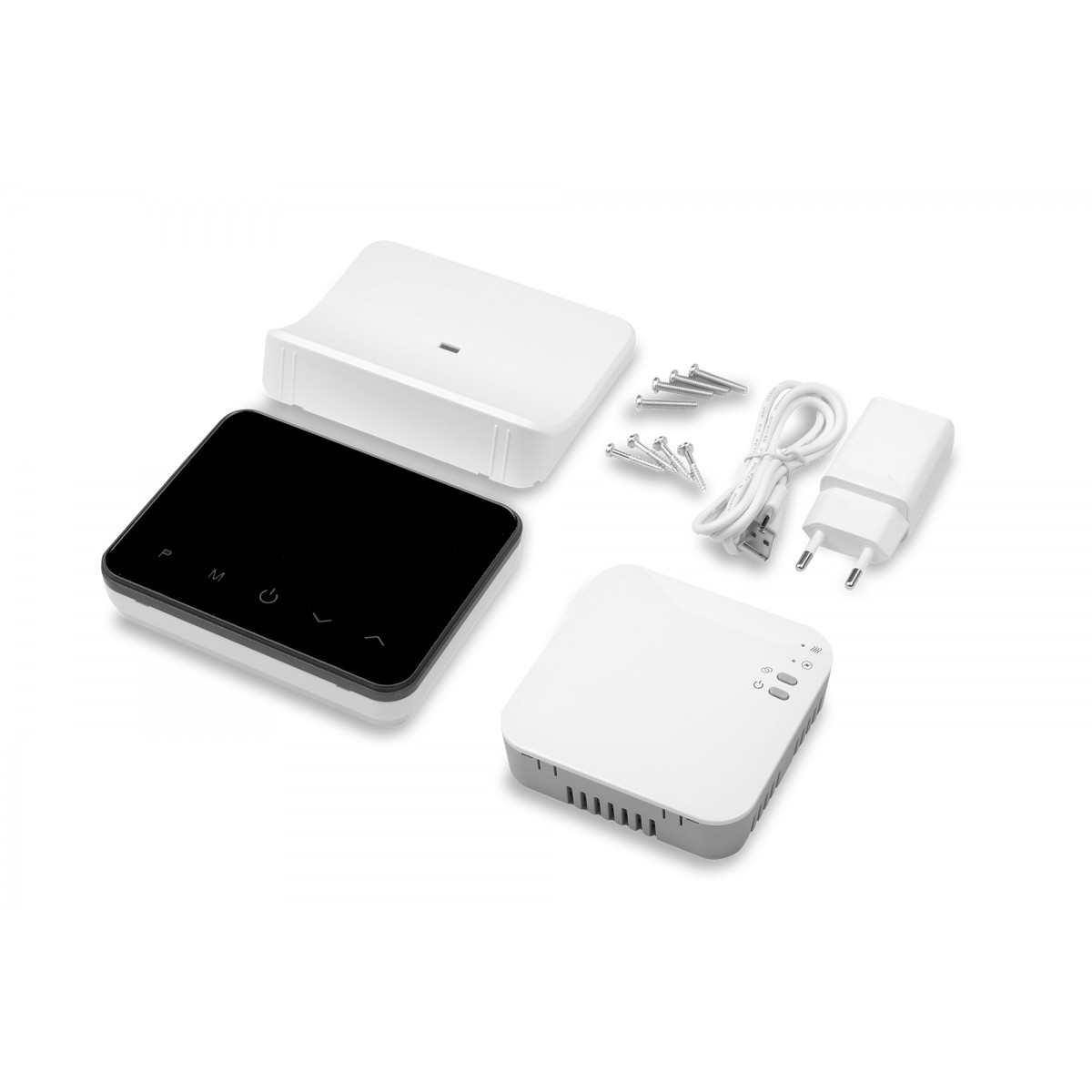 Termostat pokojowy COMFORT WT-20 WiFi z panelem sterującym, odbiornikiem, kablem USB, ładowarką i śrubami montażowymi