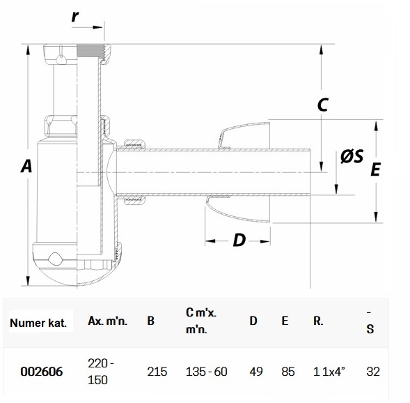 Schemat techniczny półsyfonu umywalkowo-bidetowego JI-2606 z wymiarami i oznaczeniami gwintu 1 1/4" oraz średnicy odpływu 32 mm