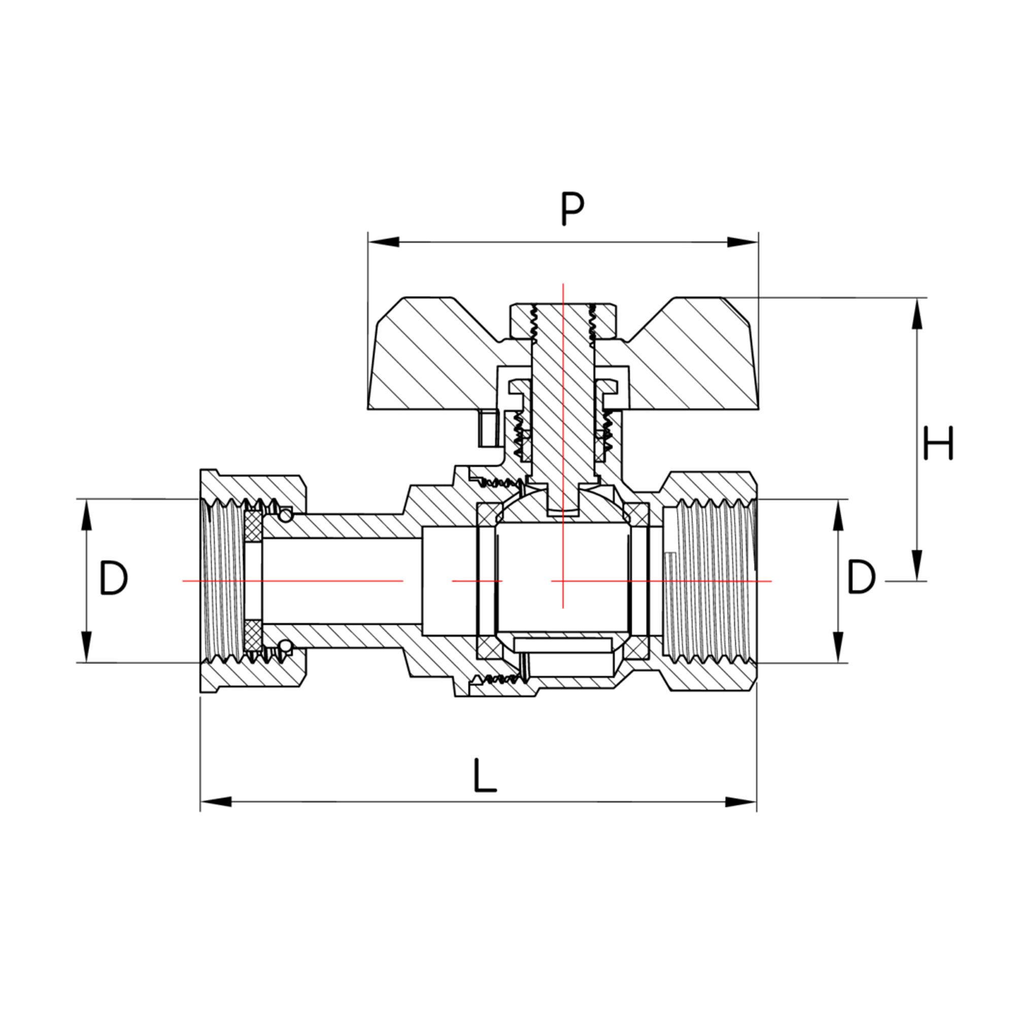Przekrój zaworu kulowego GOSHE z nakrętką GW 1 cala, wymiary i budowa techniczna