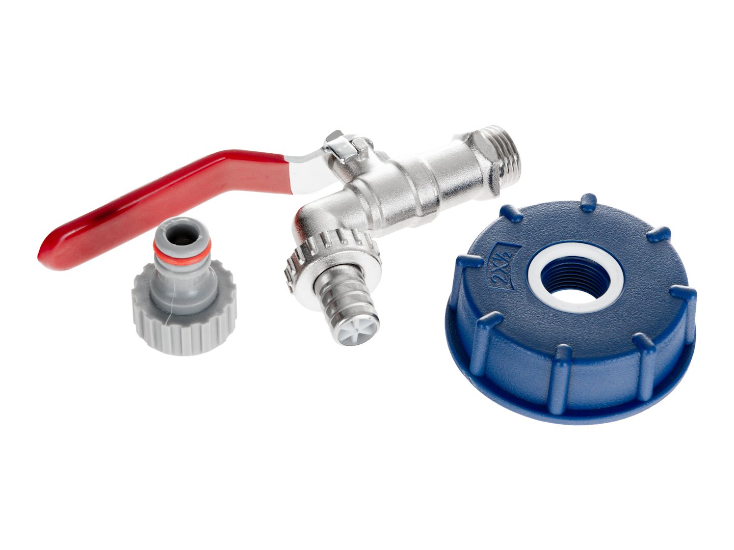 Zestaw IBC z kranem metalowym 1/2 cala, nakrętką S60x6 i wtykiem na wąż 1/2 cala