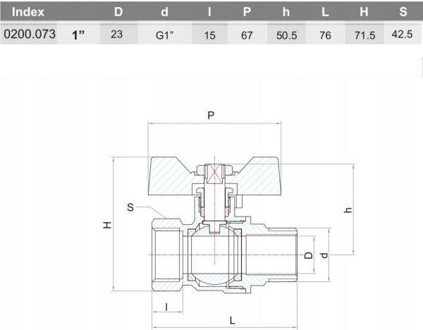 Schemat przedstawiający wymiary zaworu