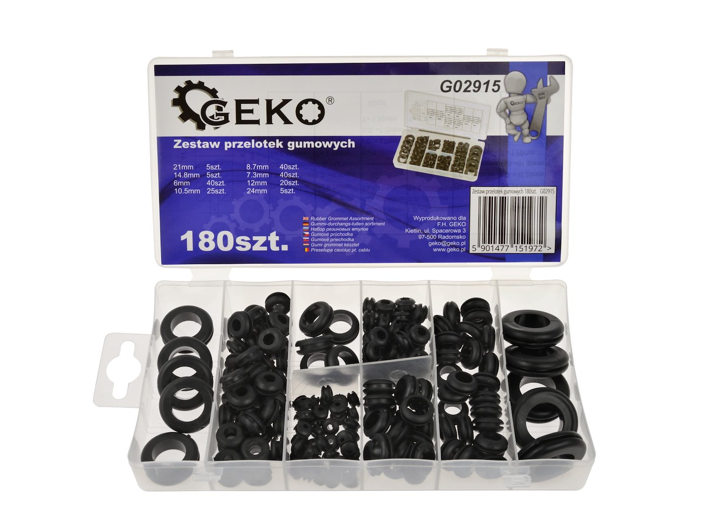 Zestaw gumowych przelotek GEKO 180 sztuk w plastikowym organizerze
