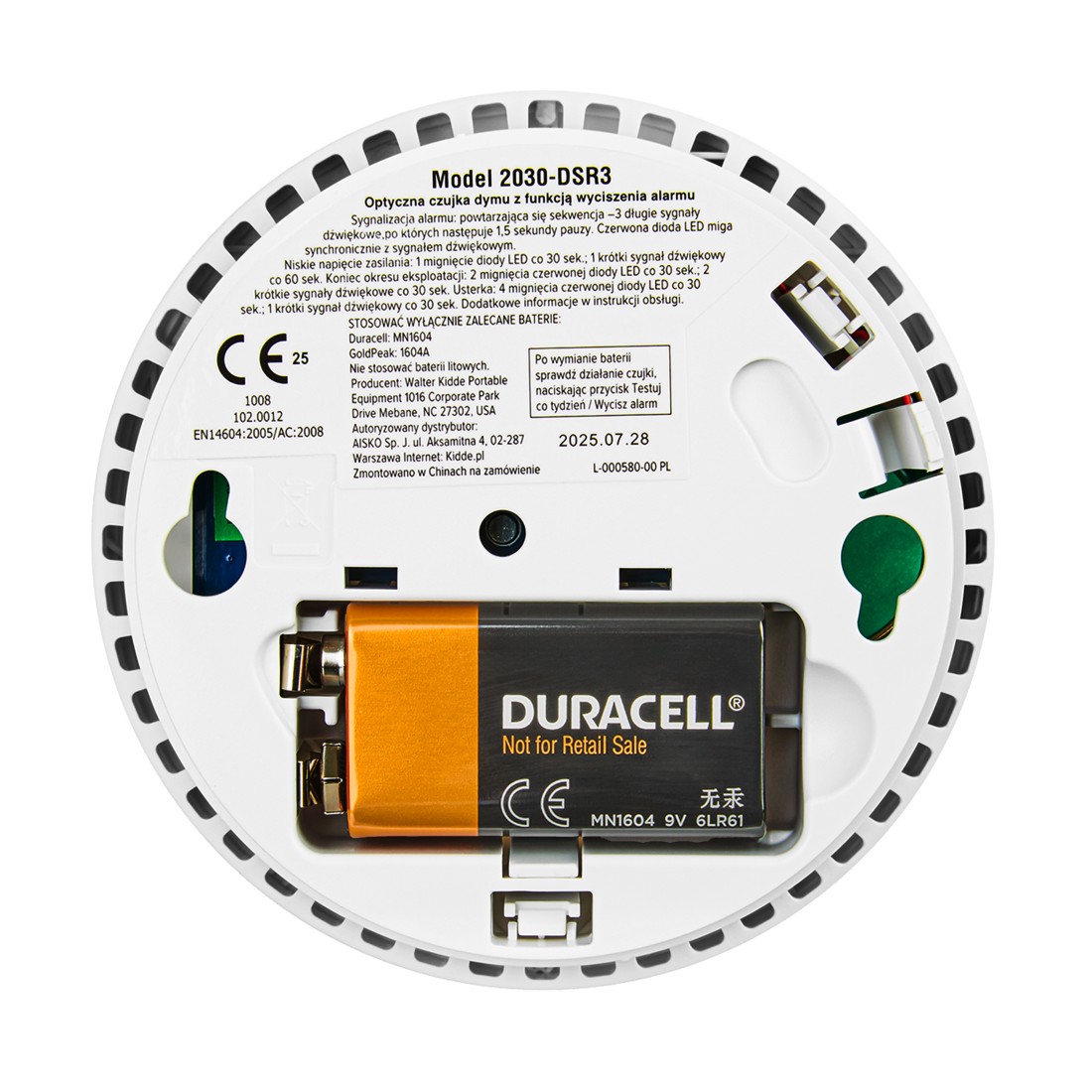 Spód czujnika dymu Kidde z baterią Duracell
