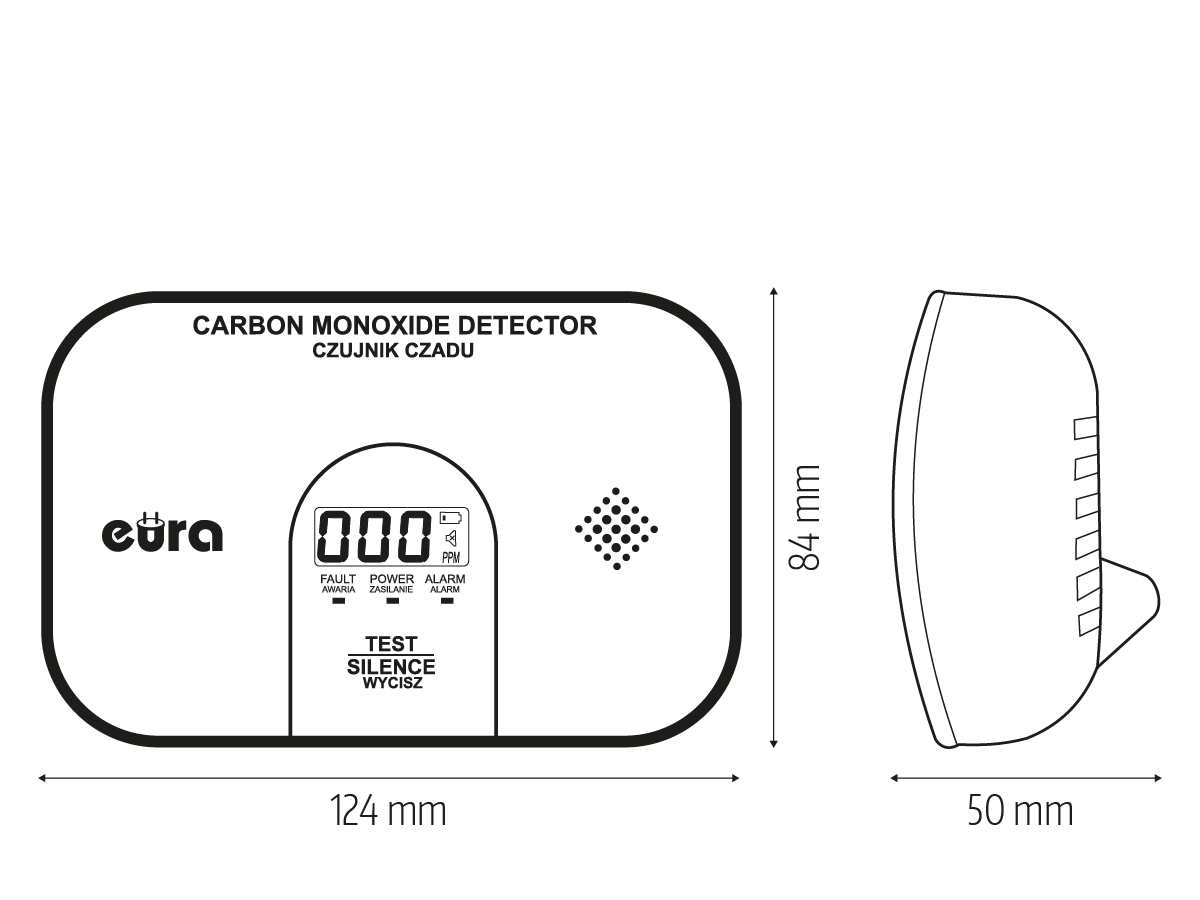 Czujnik czadu Eura, widok z wymiarami 124 mm i 84 mm