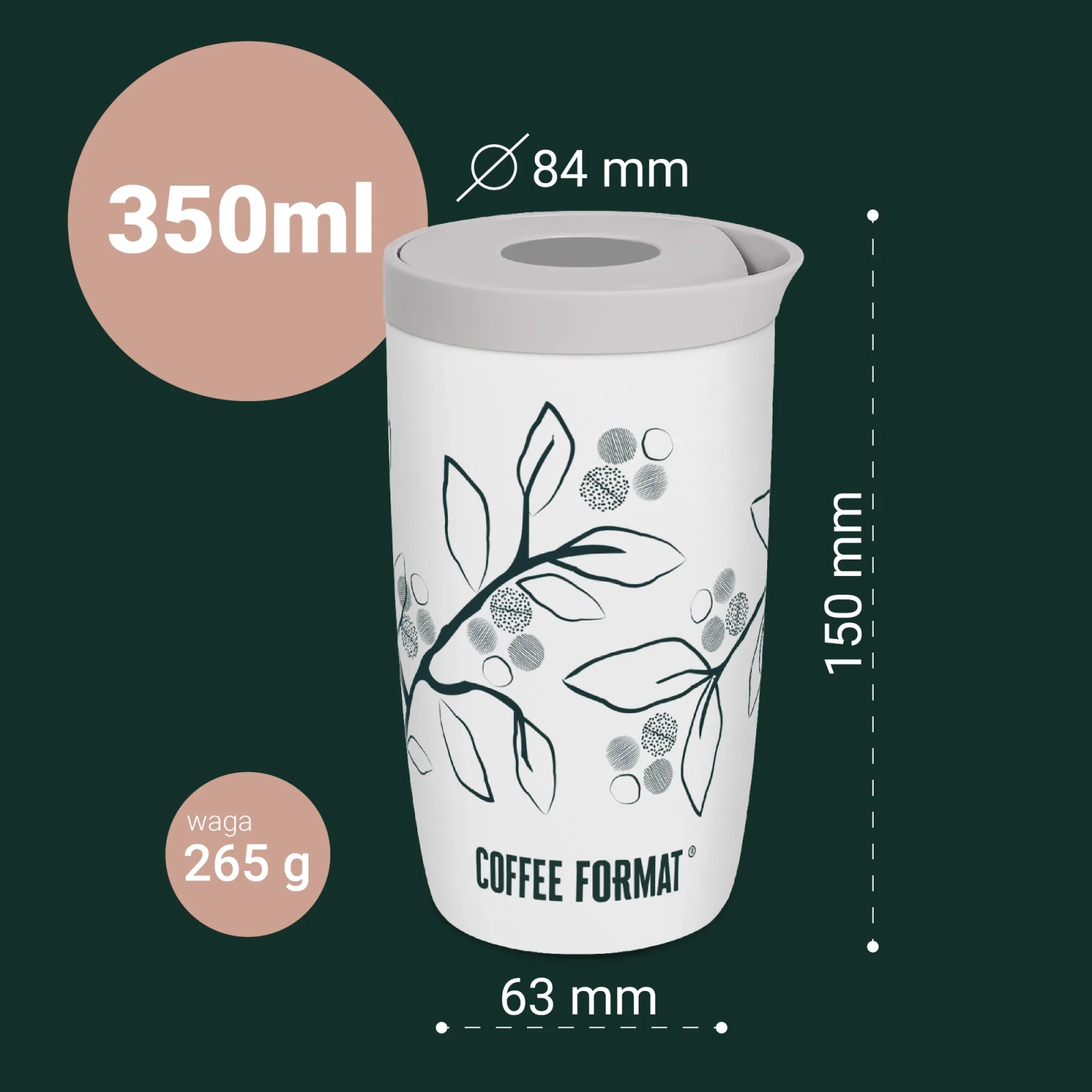 Kubek termiczny Coffee Format z wymiarami i pojemnością