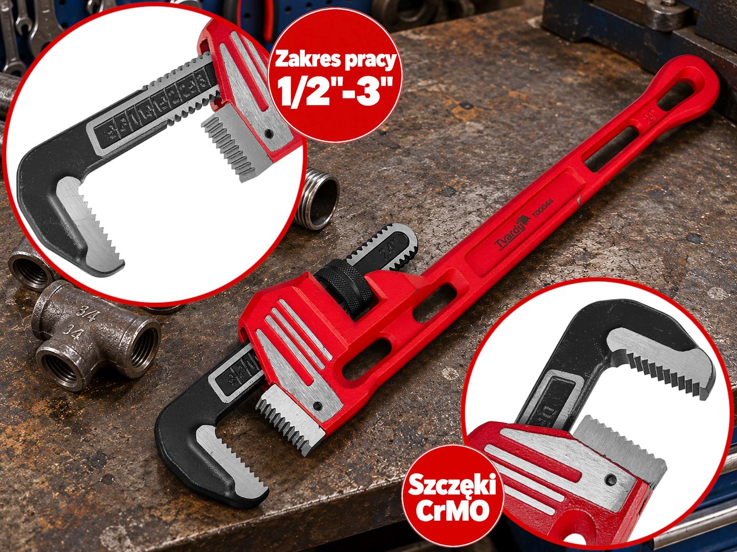 Klucz do rur Stillson czerwono-czarny z zębami CrMo