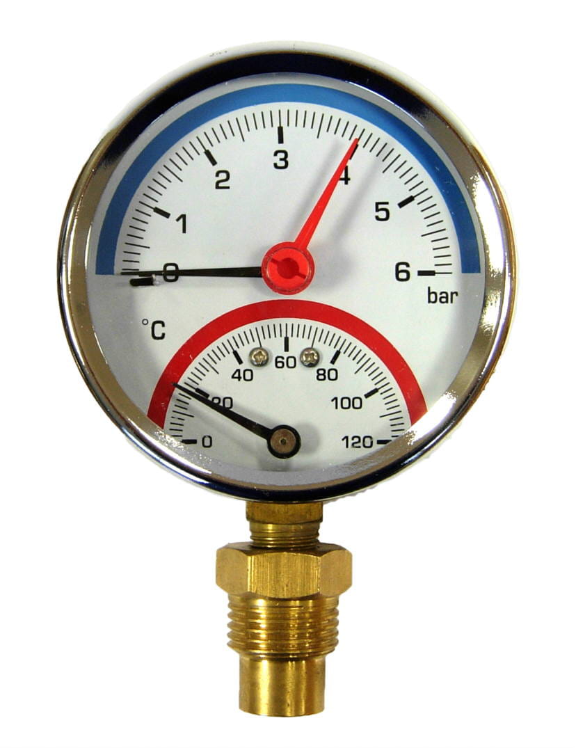Termomanometr GOSHE fi 80 z zakresem 0-6 bar ciśnienia i 0-120°C temperatury, montaż dolny